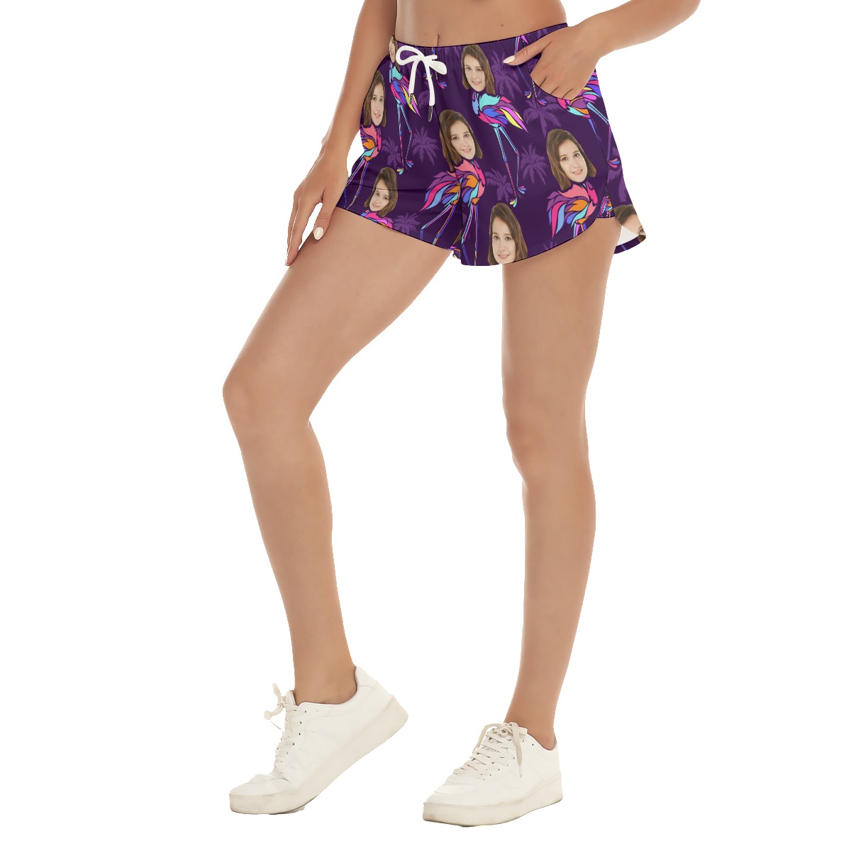 Funny Custom Face Flamingo Purple Hawaiian Beach Shorts For Women