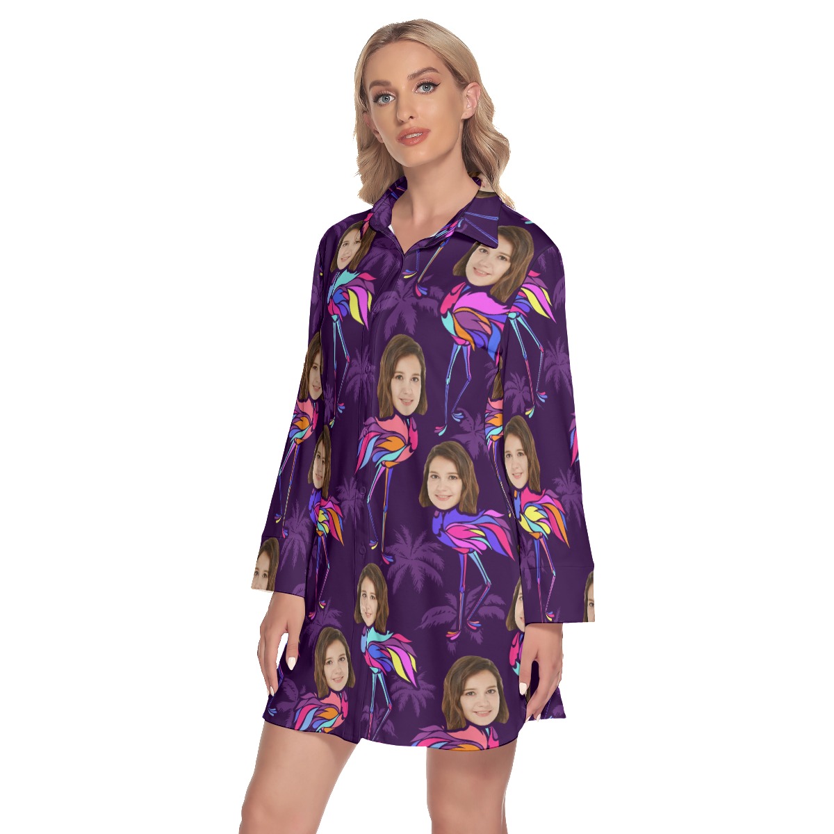 Custom Face With Flamingo Hawaiian Shirt Dress With Long Sleeve For Women