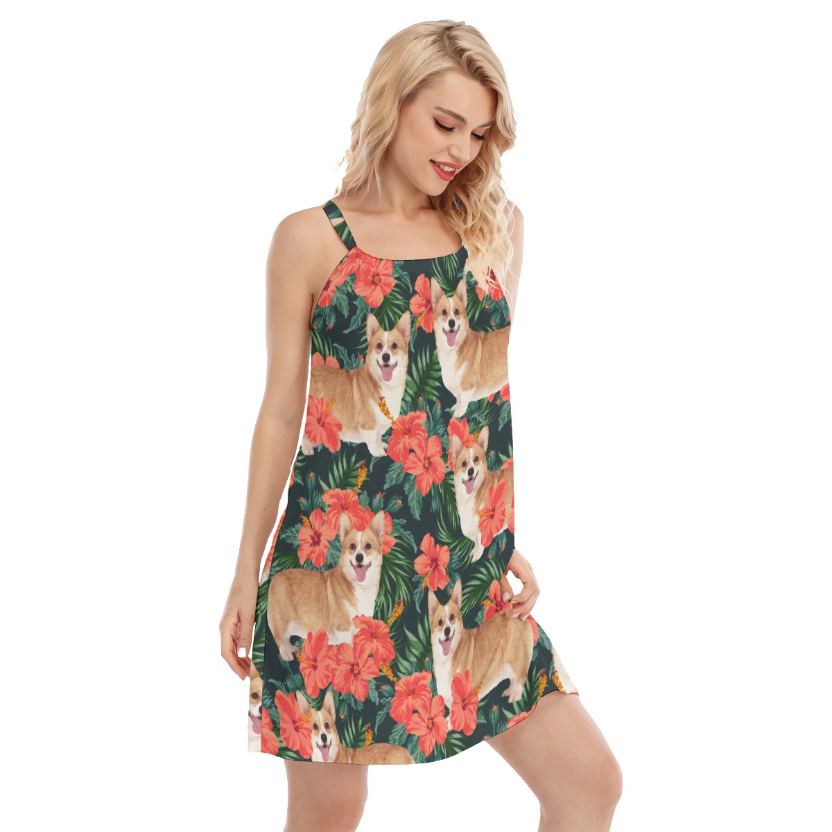 Custom Dog Face Hibicus Hawaiian Dress For Girls