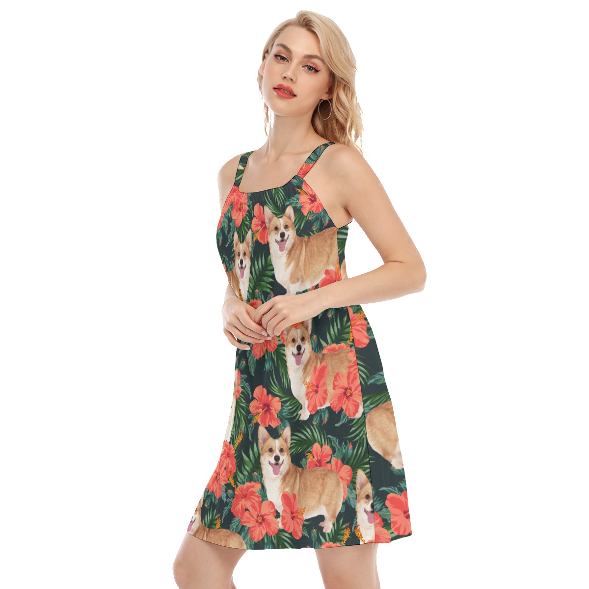 Custom Dog Face Hibicus Hawaiian Dress For Girls