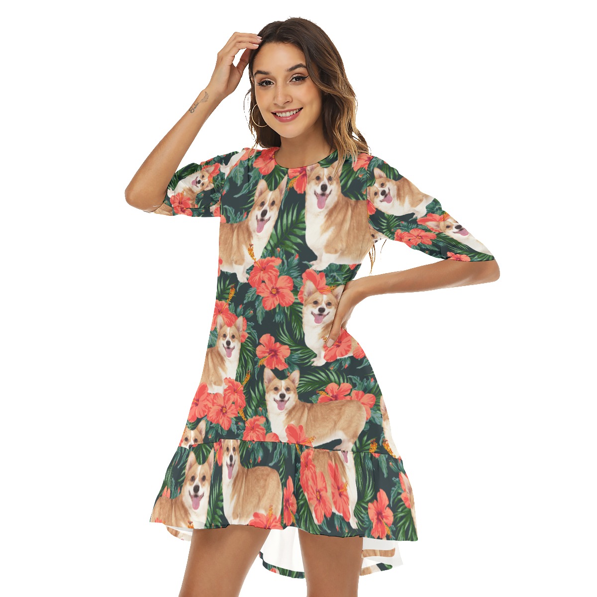 Funny Custom Dog Face Floral Hawaiian Dress With Ruffle Hem