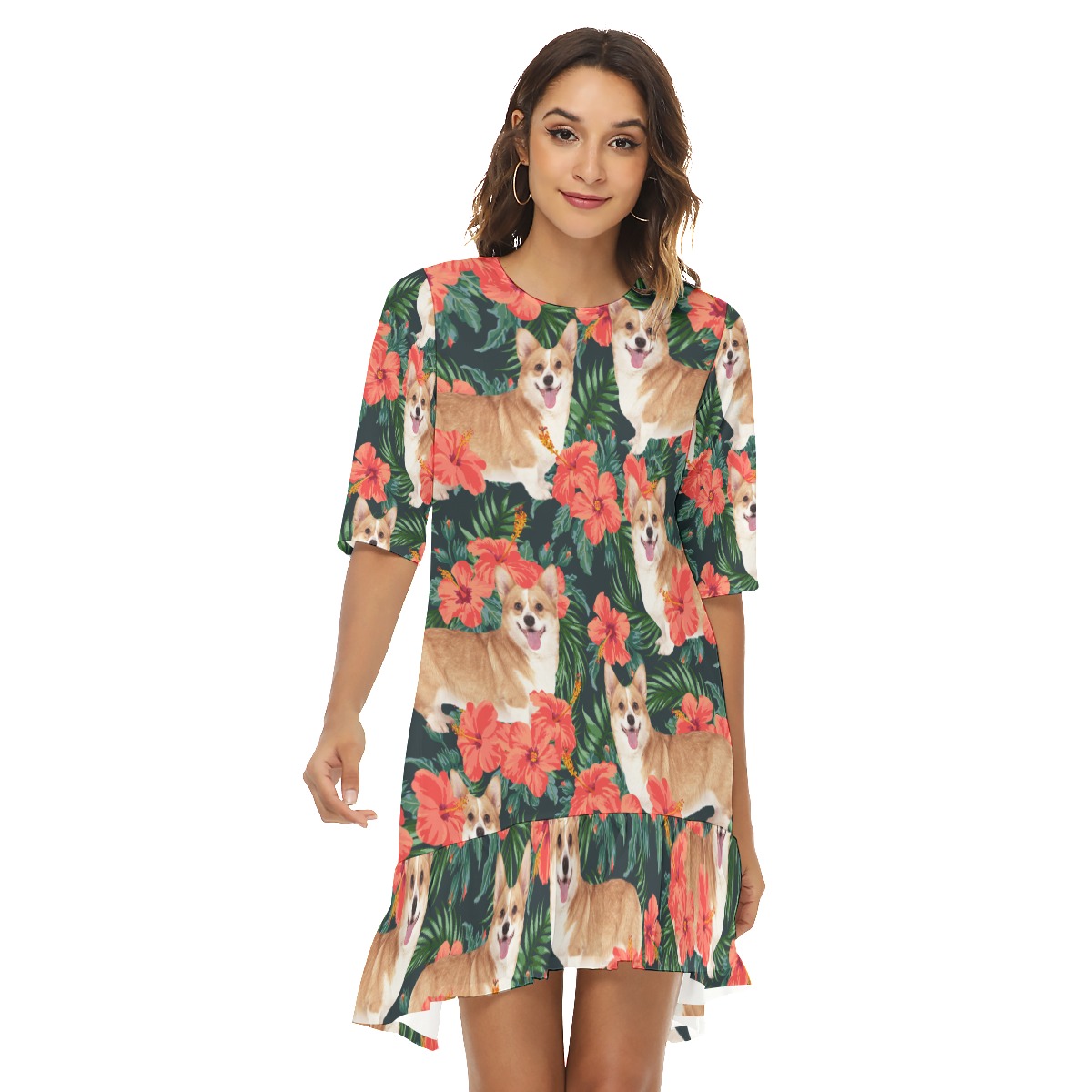 Funny Custom Dog Face Floral Hawaiian Dress With Ruffle Hem