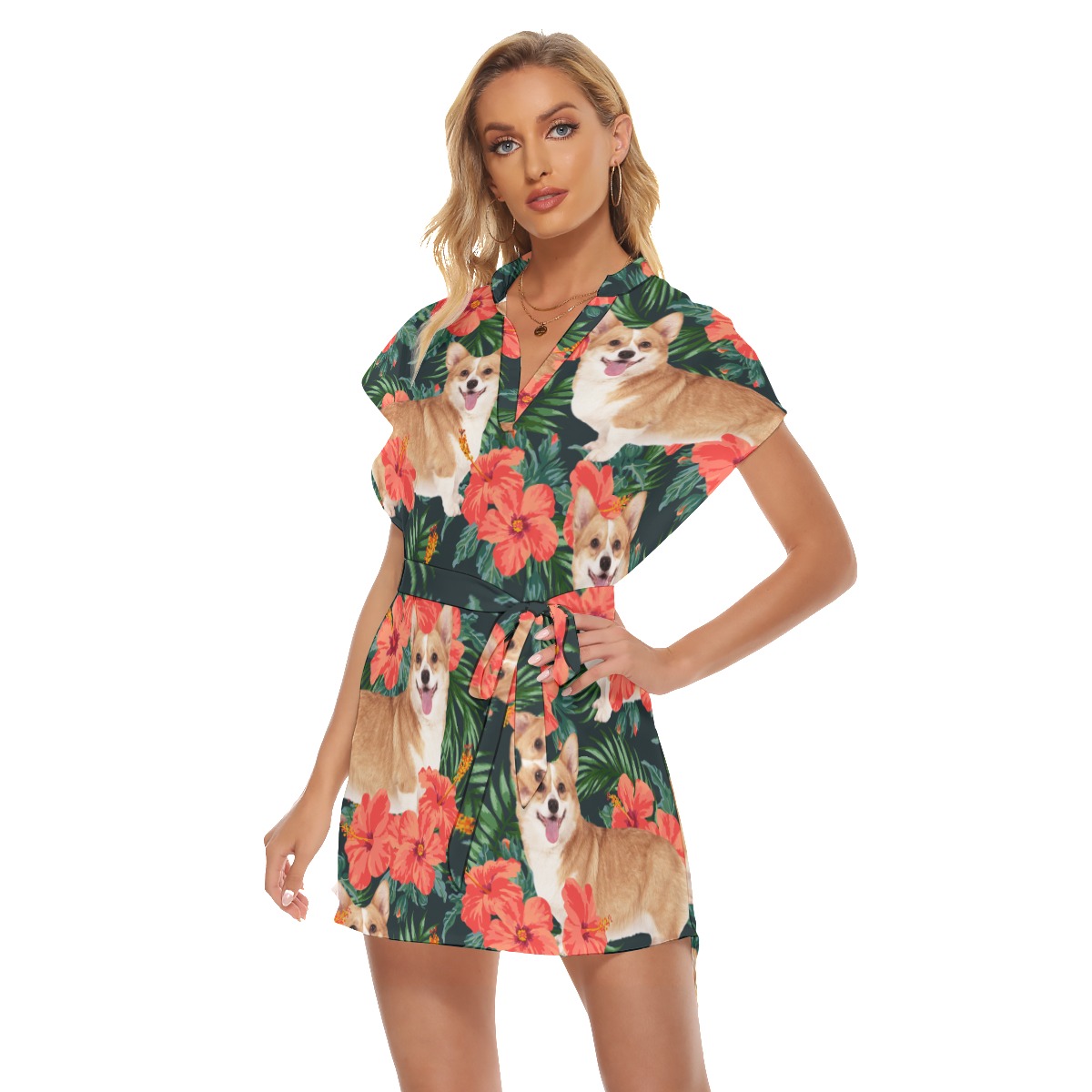Custom Dog Face Hawaiian Dress With Belt For Summer Party