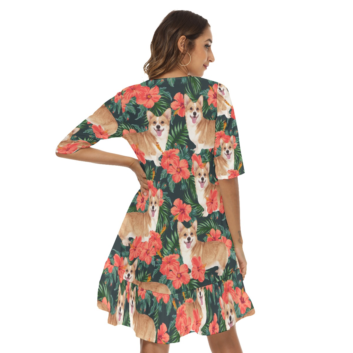 Funny Custom Dog Face Floral Hawaiian Dress With Ruffle Hem