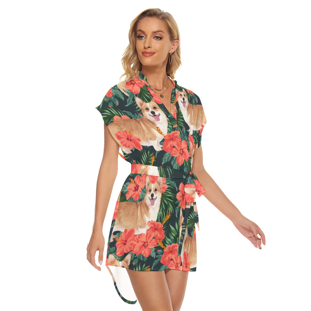 Custom Dog Face Hawaiian Dress With Belt For Summer Party