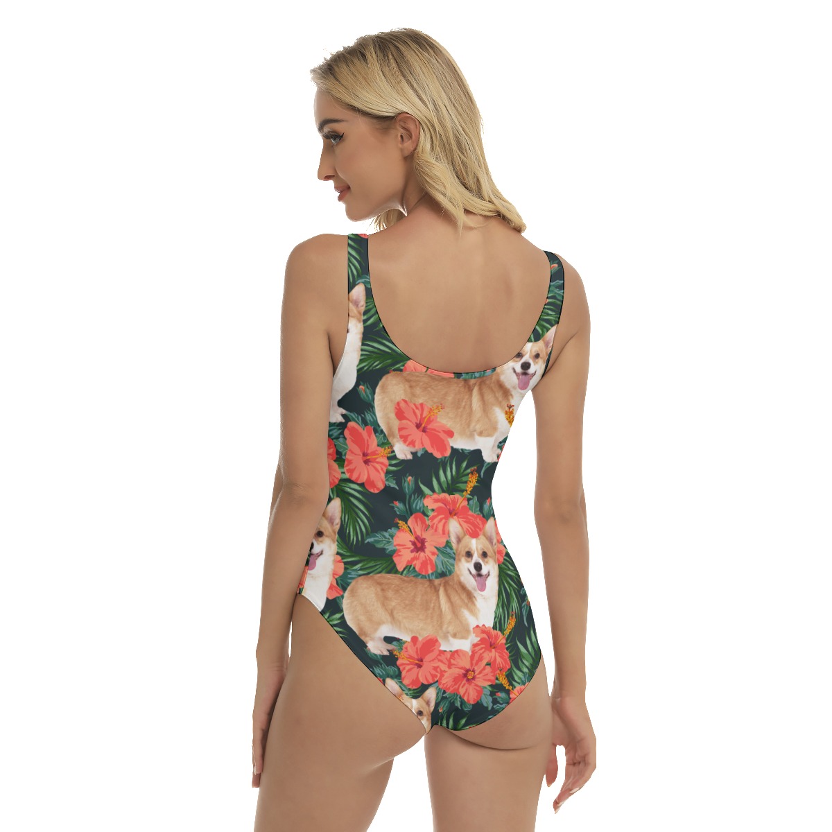 Funny Custom Dog Face Floral Hawaiian Swimsuit For Women