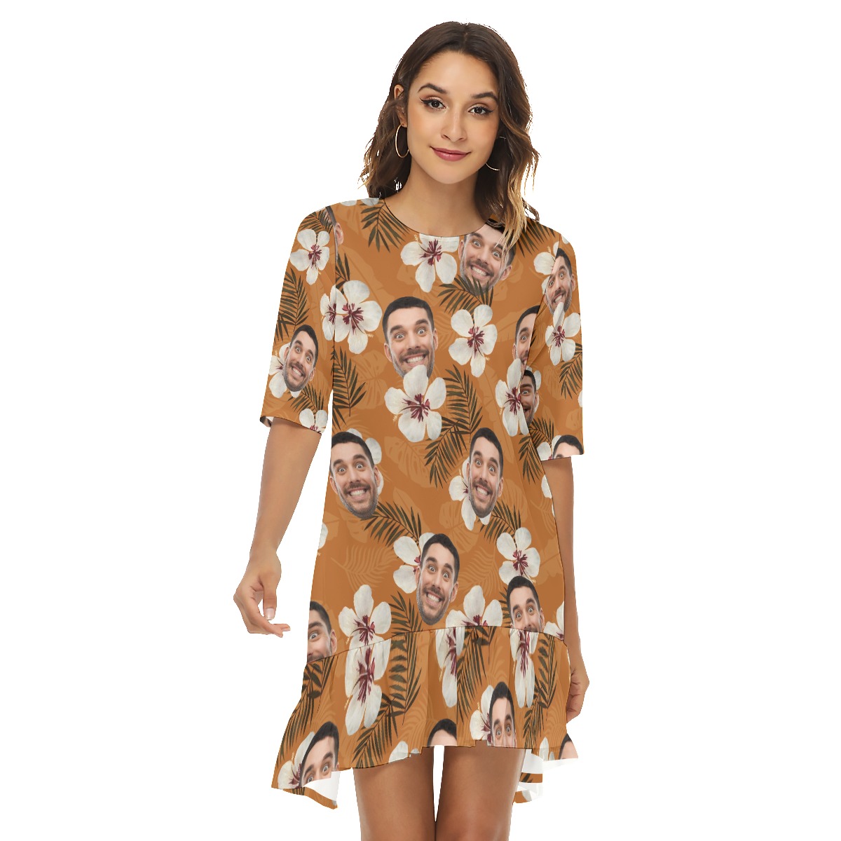 Funny Floral Custom Face Ruffle Hem Hawaiian Dress For Women