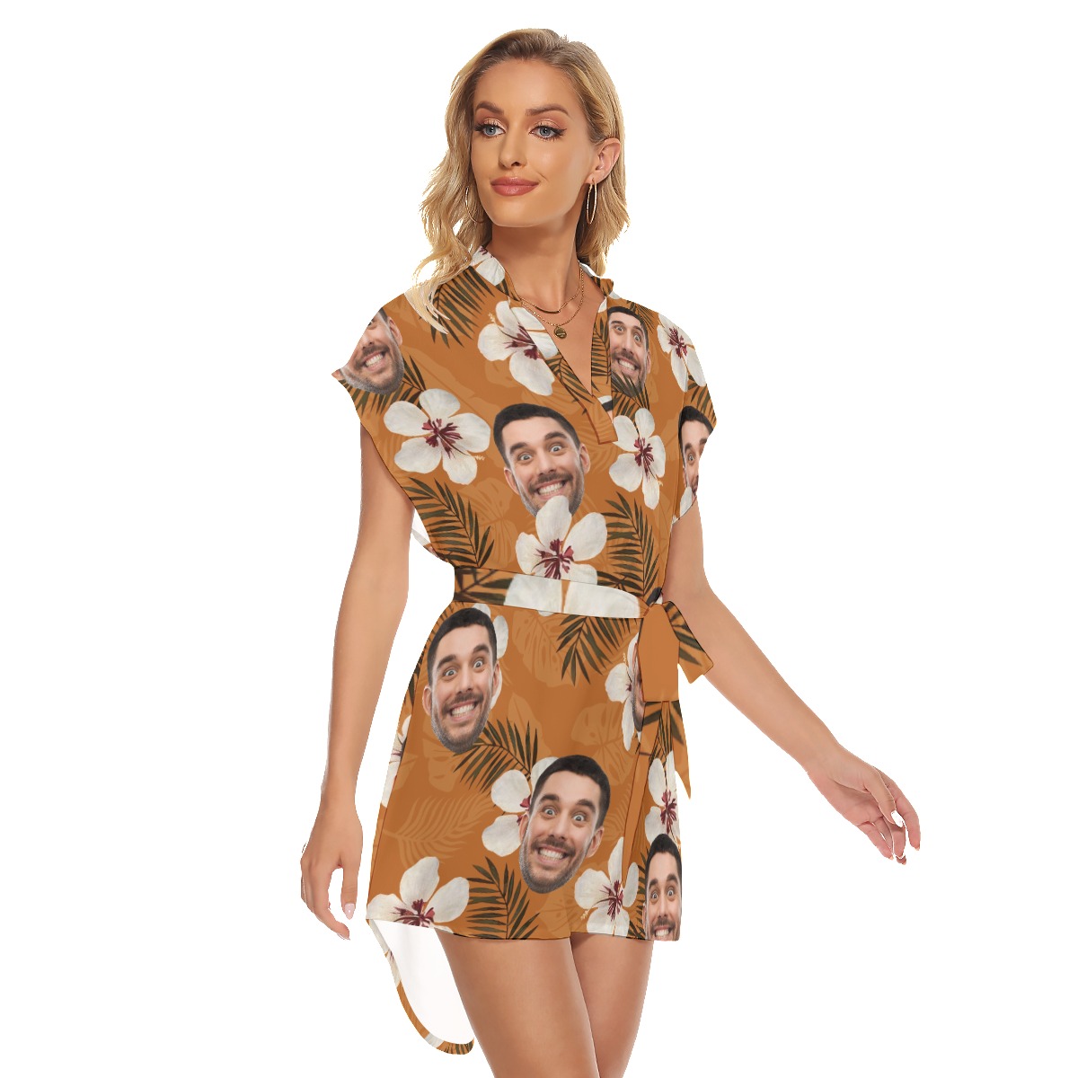 Funny Custom Face Orange Hawaiian Dress With Belt For Summer