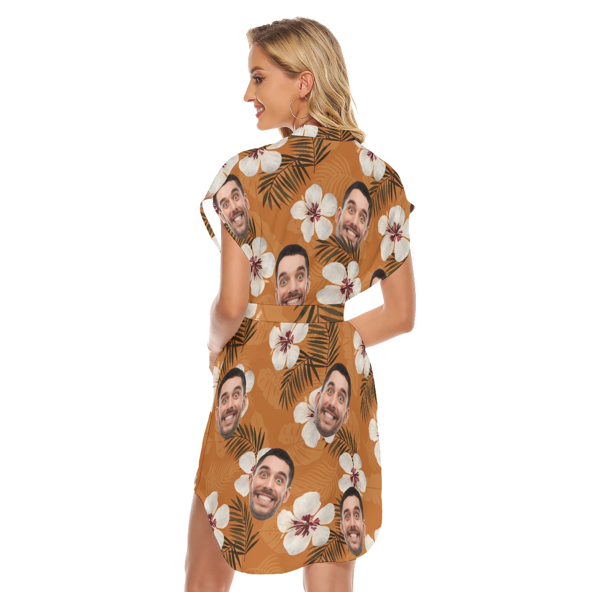 Funny Custom Face Orange Hawaiian Dress With Belt For Summer