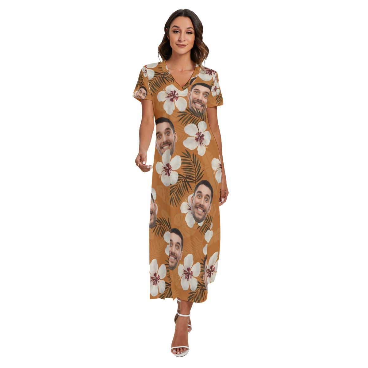 Funny Custom Face Floral Orange Hawaiian Dress With Side Slit For Women