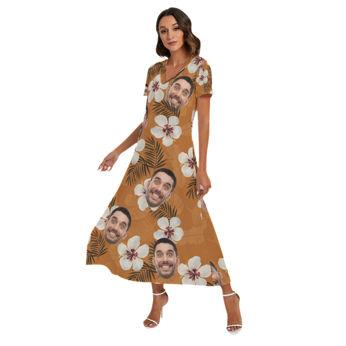 Funny Custom Face Floral Orange Hawaiian Dress With Side Slit For Women