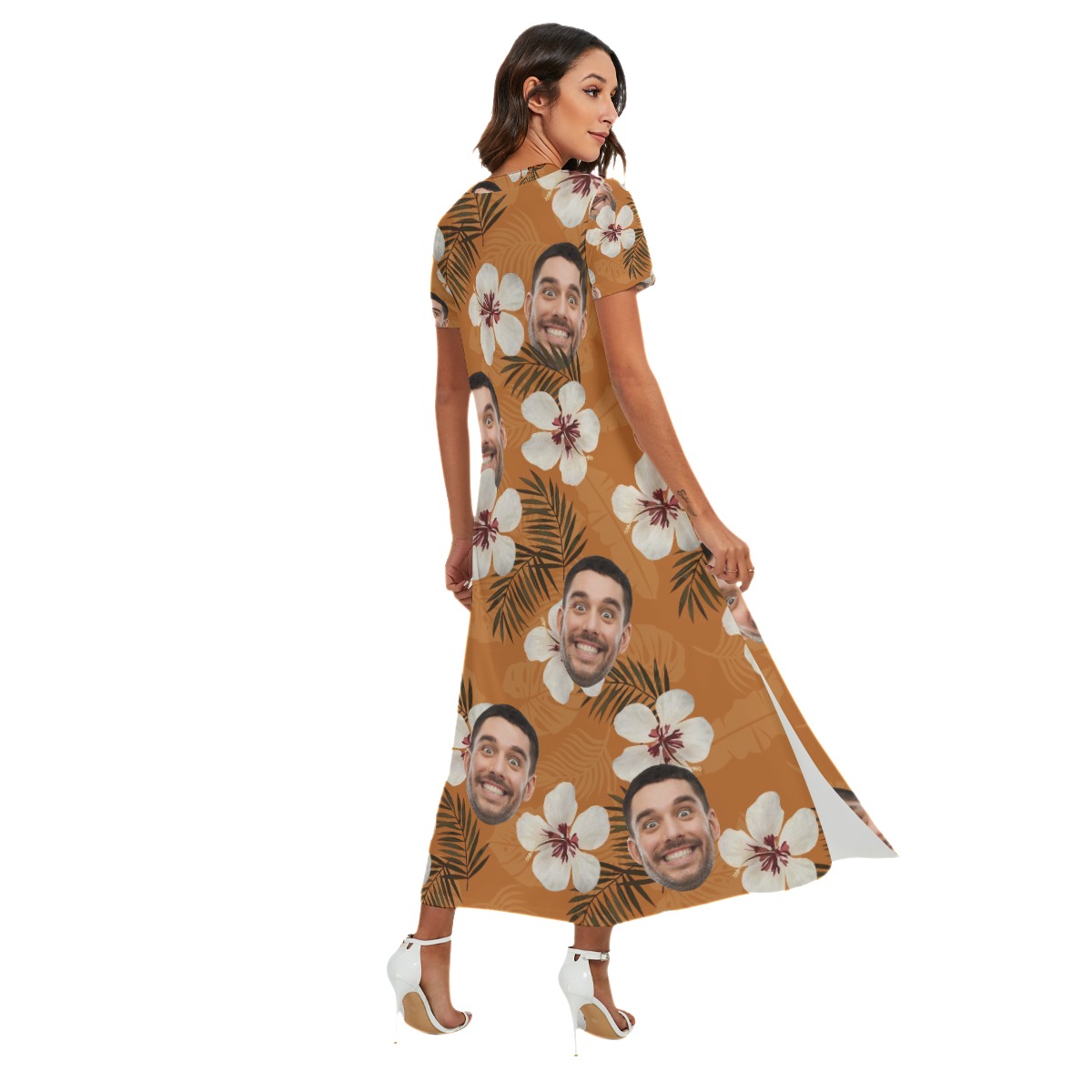 Funny Custom Face Floral Orange Hawaiian Dress With Side Slit For Women