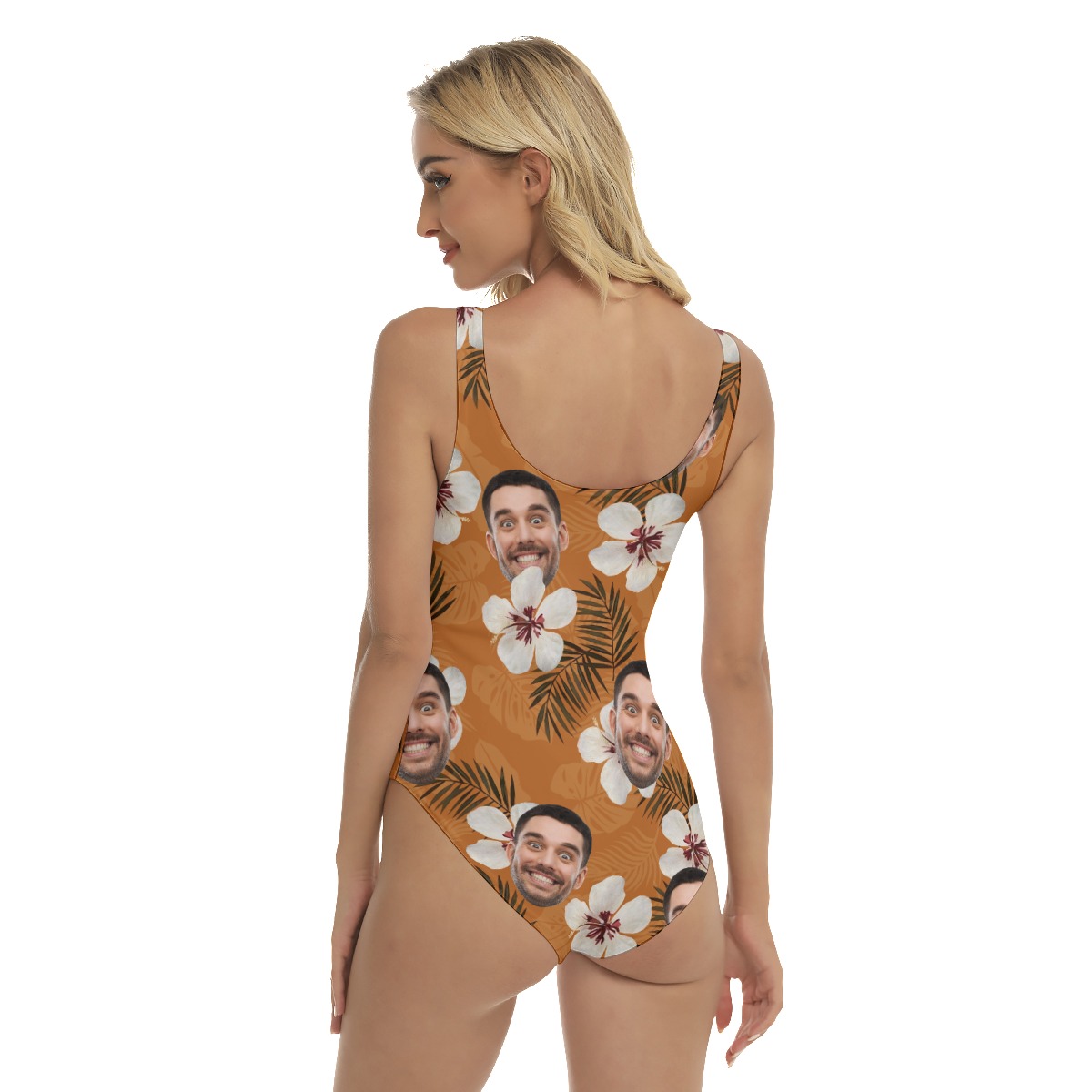 Custom Face Floral Orange Hawaiian Swimsuit For Women