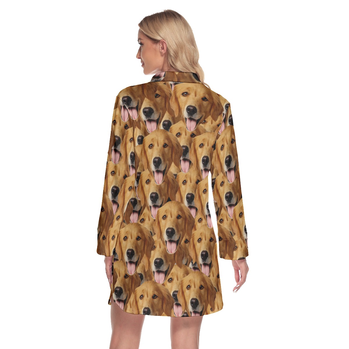 Unique Custom Dog Face Lapel Long Sleeve Women Dress