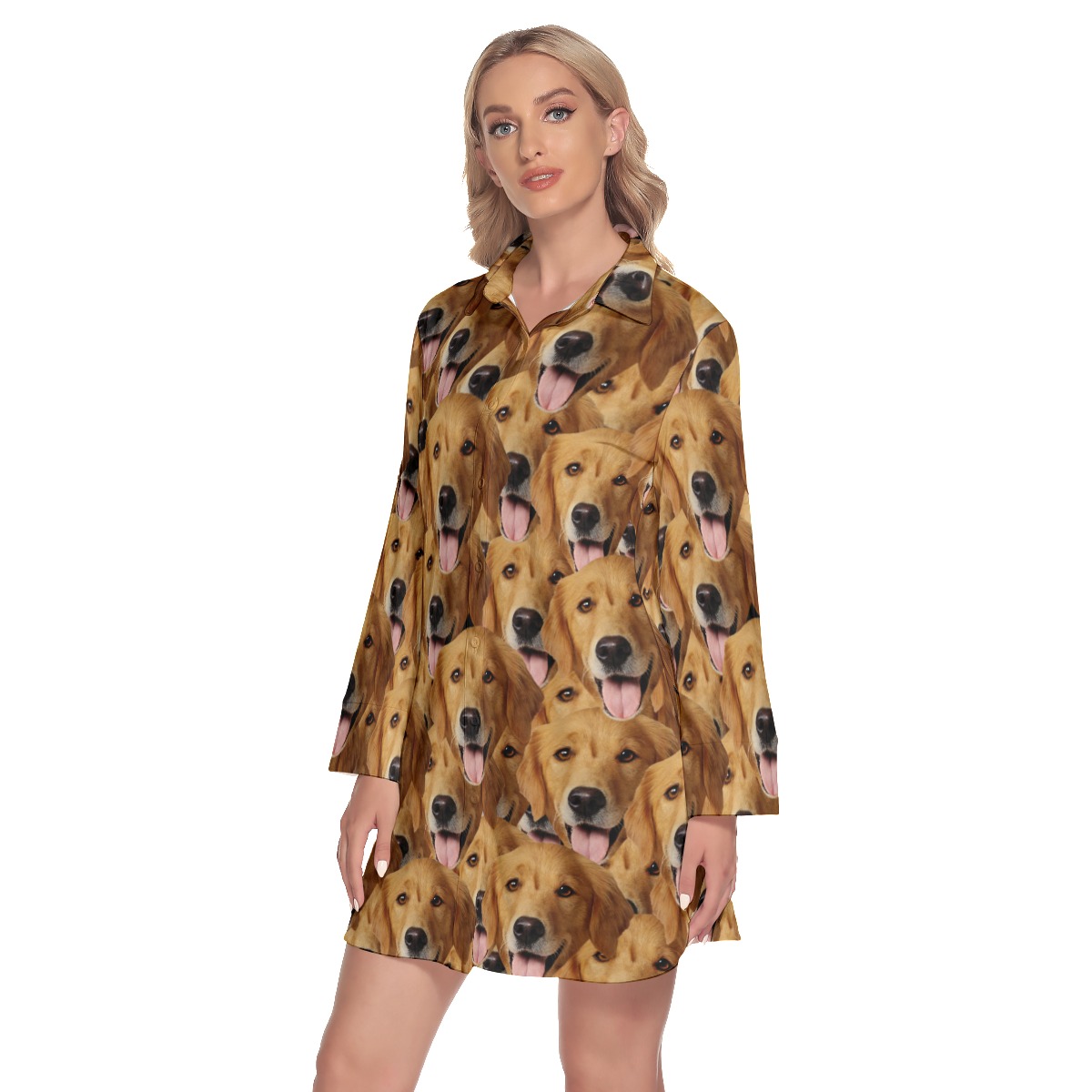 Unique Custom Dog Face Lapel Long Sleeve Women Dress