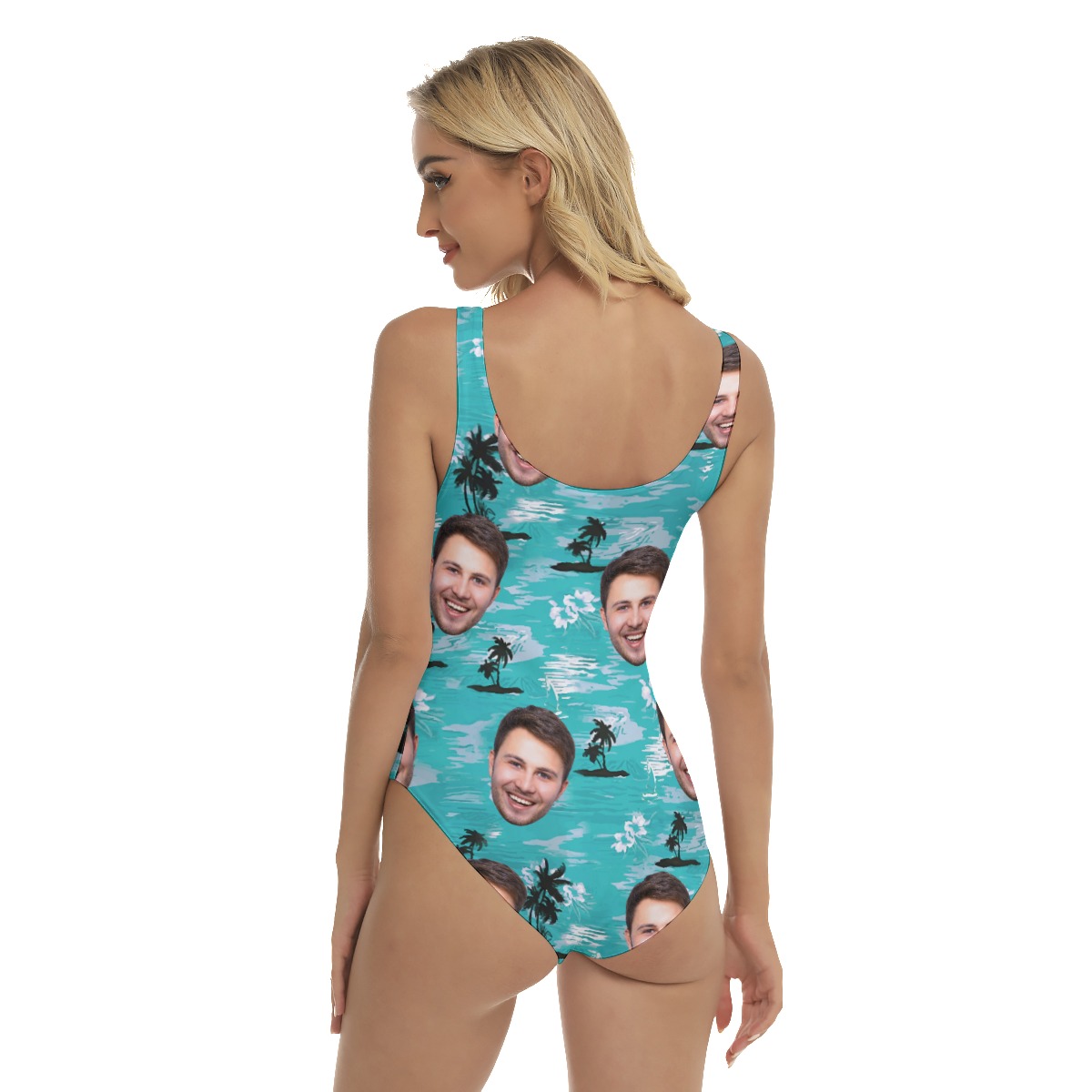 Cool Light Blue Hawaiian Print One Piece Swimsuit With Multiple Faces