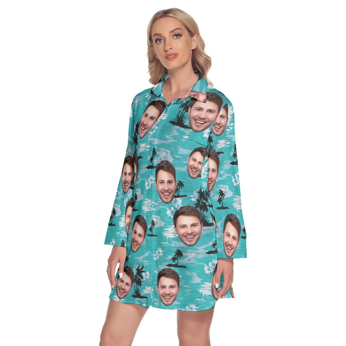 Cool Light Blue Beach Palm Lapel Custom Hawaiian Dress For Party