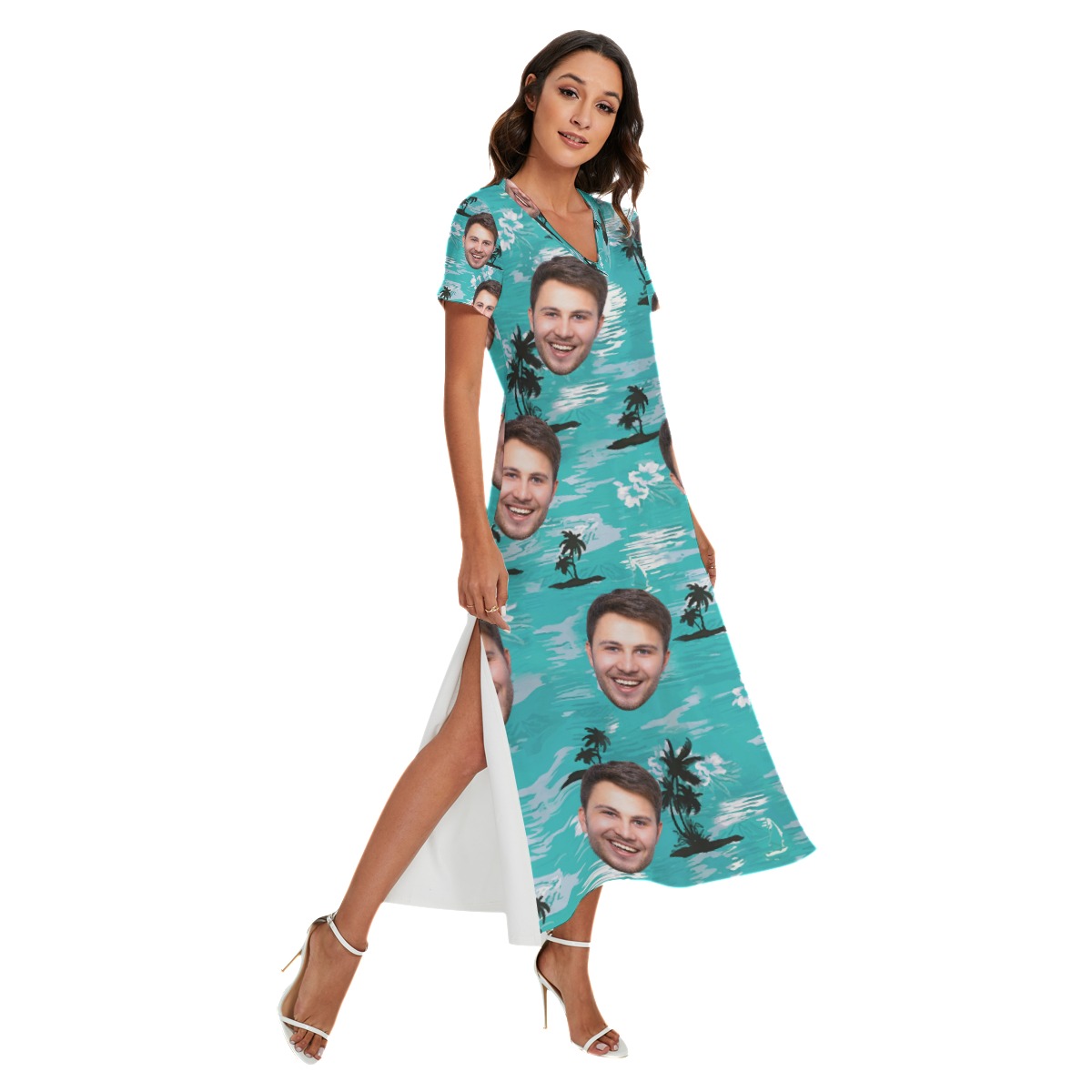 Unique Light Blue Beach Palm Custom Hawaiian Dress With Multiple Faces