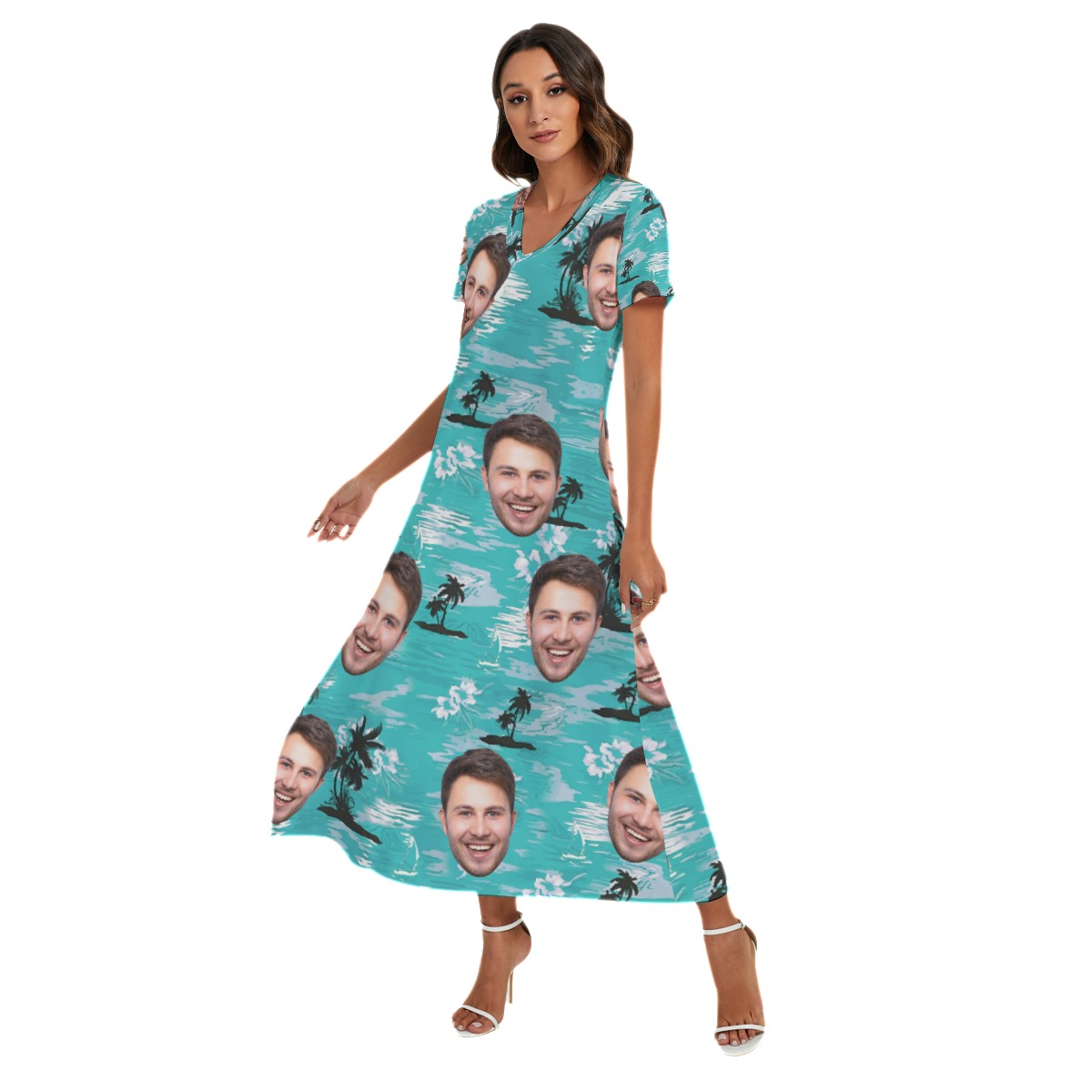 Unique Light Blue Beach Palm Custom Hawaiian Dress With Multiple Faces