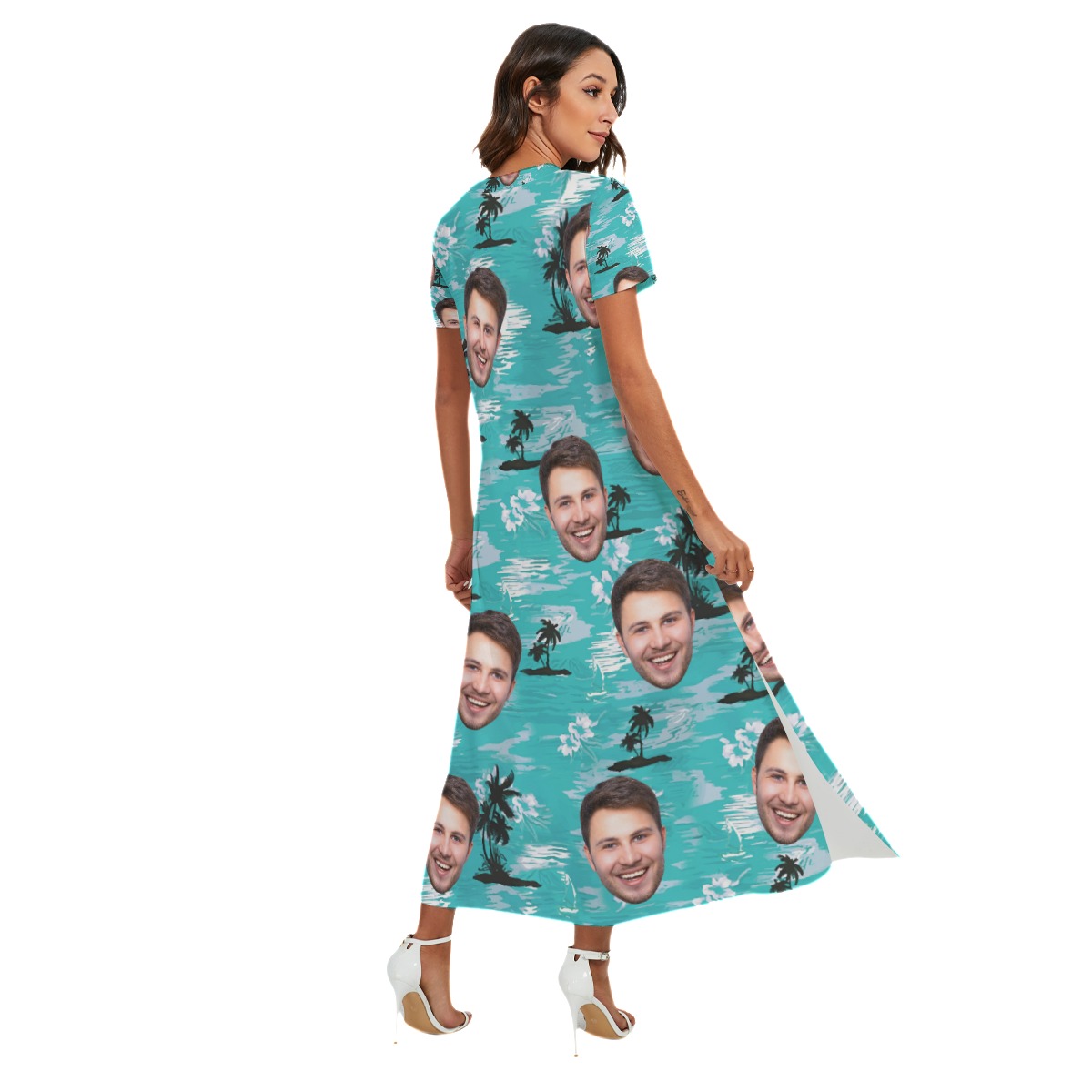 Unique Light Blue Beach Palm Custom Hawaiian Dress With Multiple Faces
