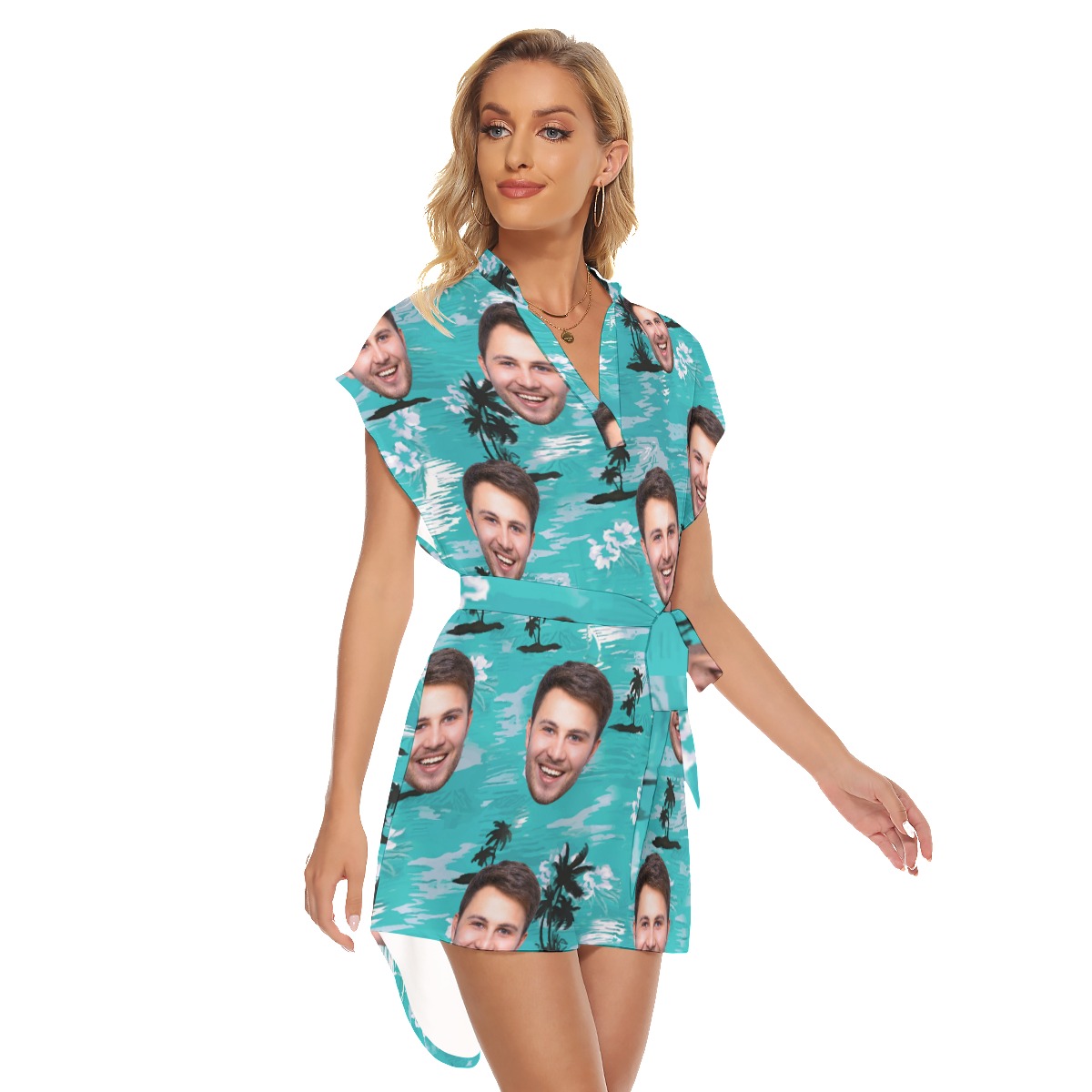 Light Blue Beach Palm Custom Face Hawaiian Dress For Girls