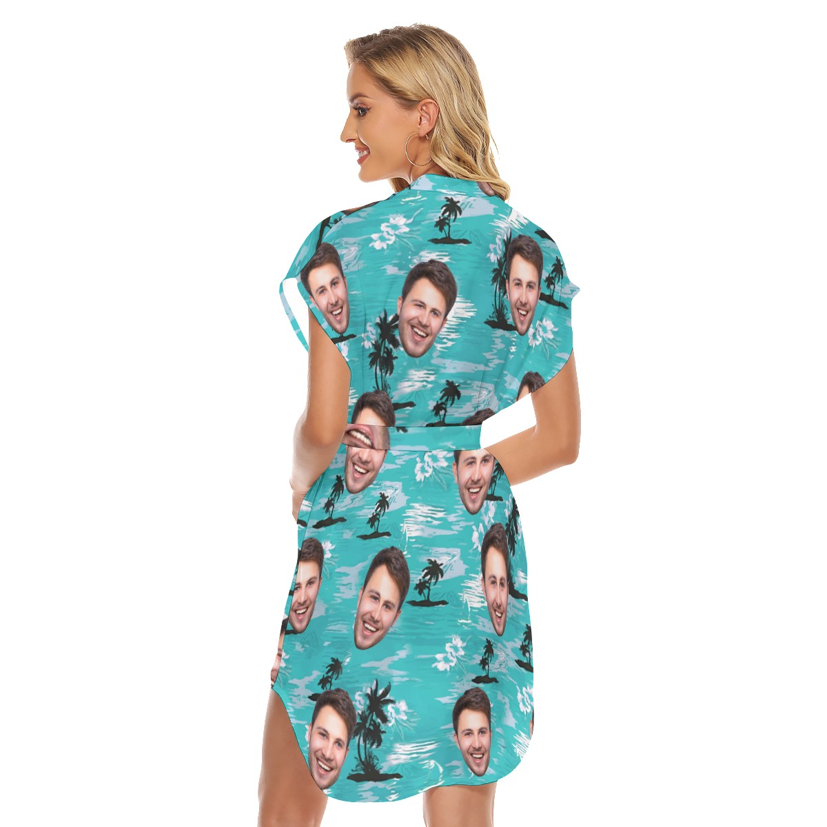 Light Blue Beach Palm Custom Face Hawaiian Dress For Girls