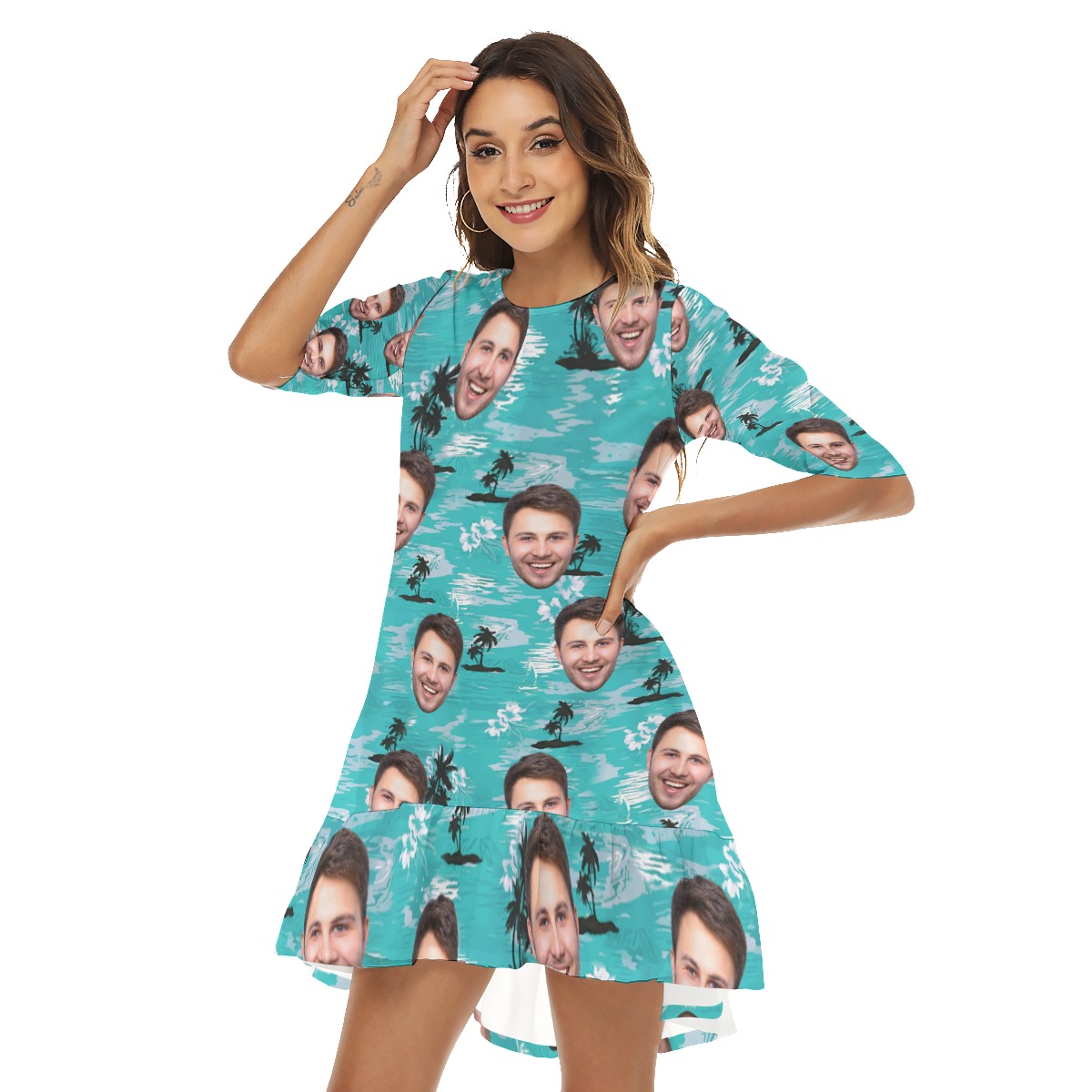 Cool Light Blue Beach Palm Custom Face Hawaiian Dress For Women
