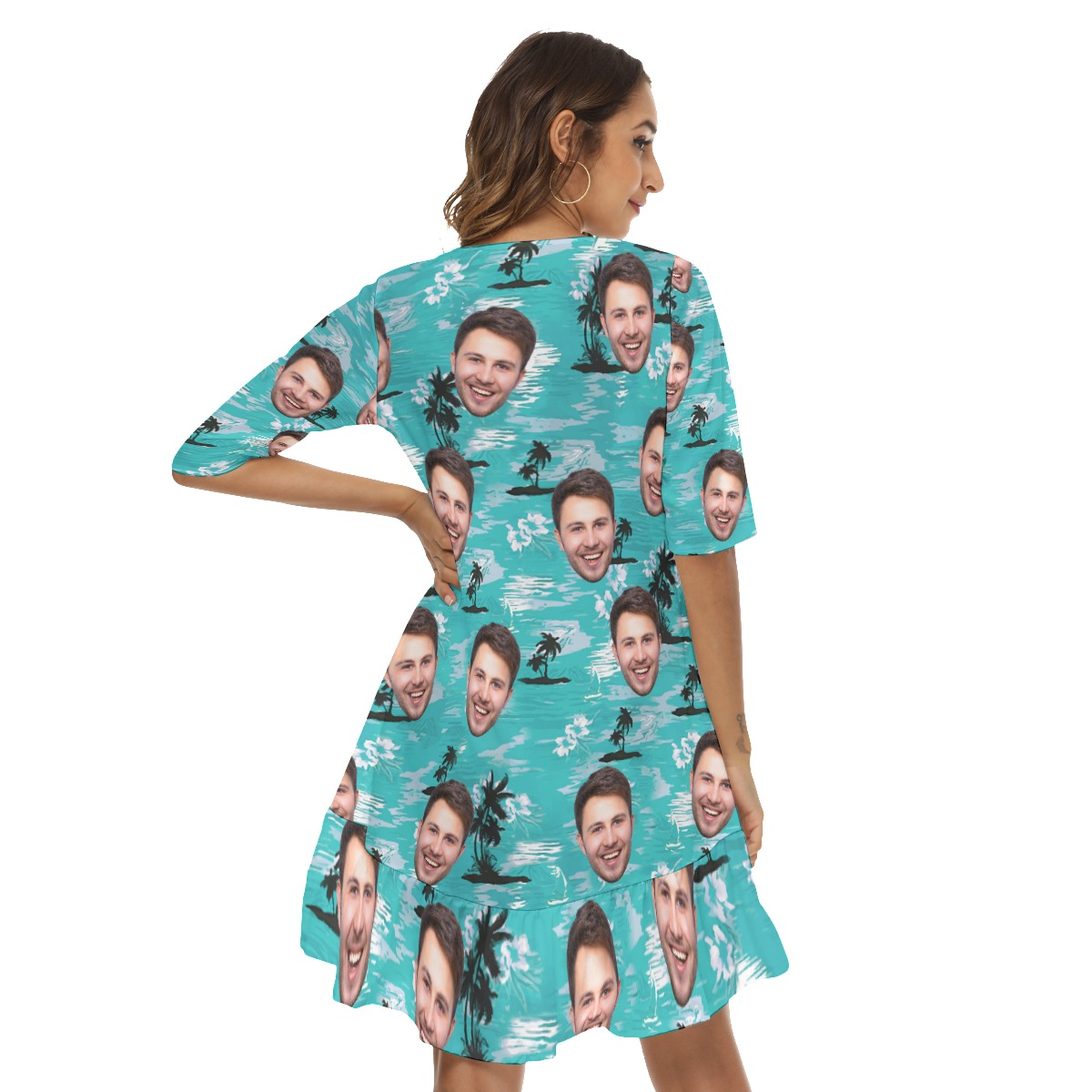 Cool Light Blue Beach Palm Custom Face Hawaiian Dress For Women