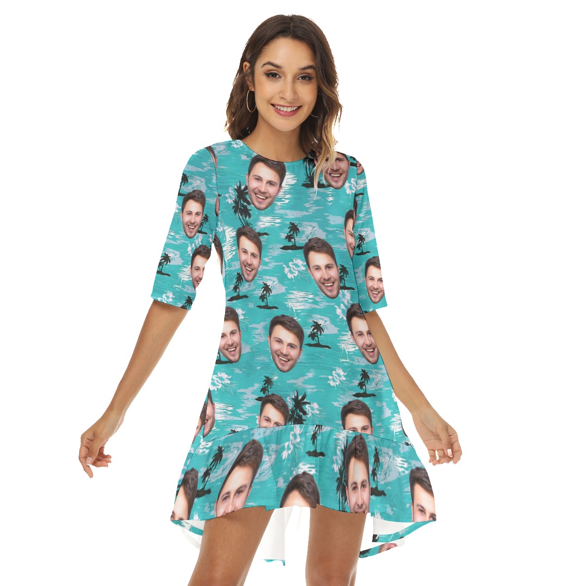 Cool Light Blue Beach Palm Custom Face Hawaiian Dress For Women