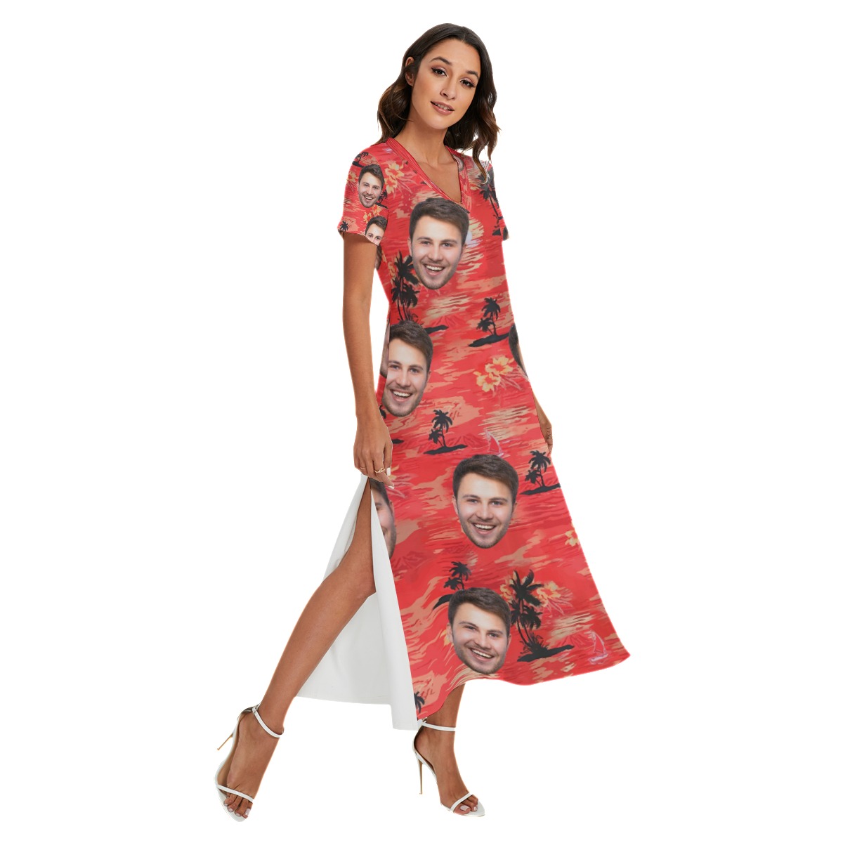 Red Sunset Hawaiian Beach Dress With Multi Face