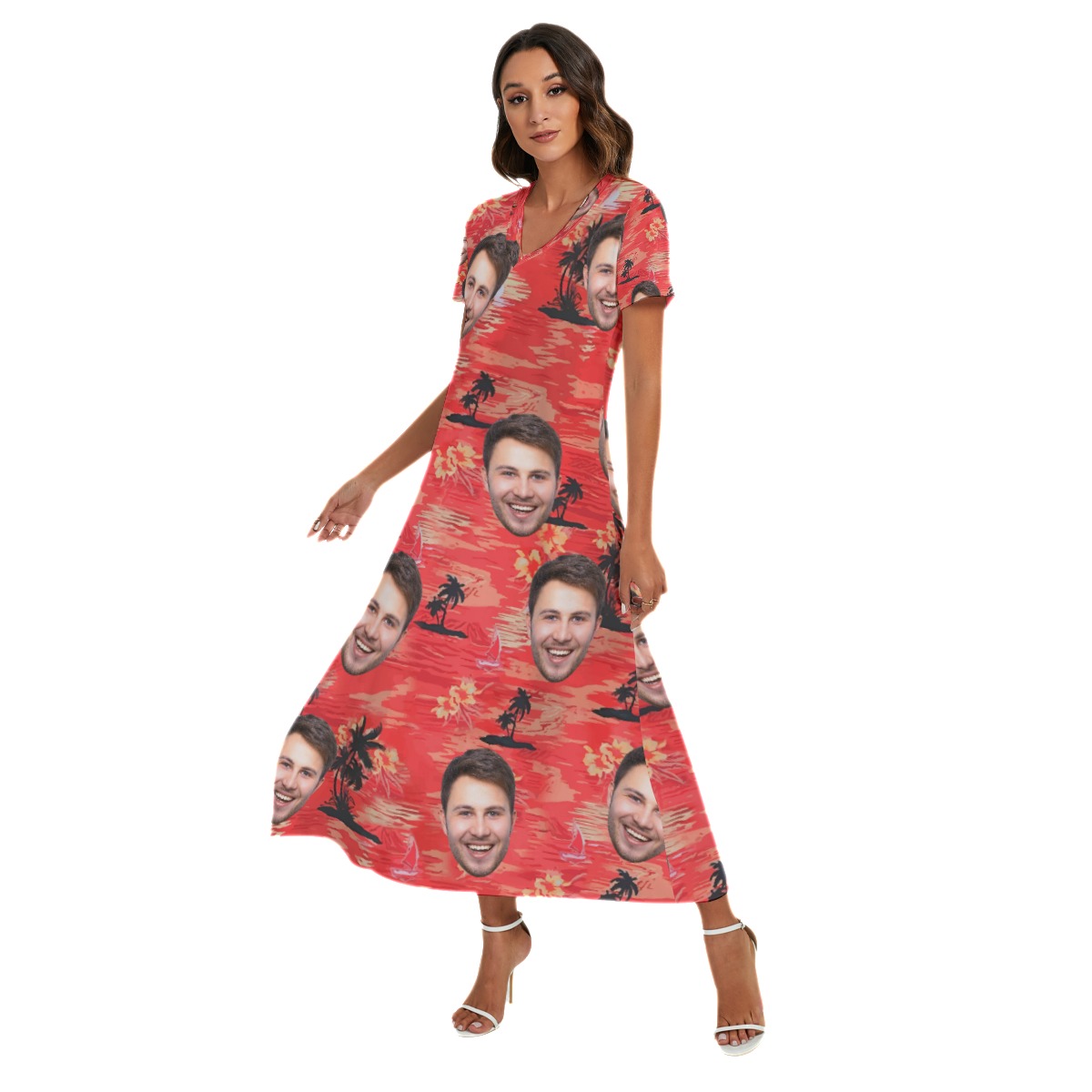 Red Sunset Hawaiian Beach Dress With Multi Face