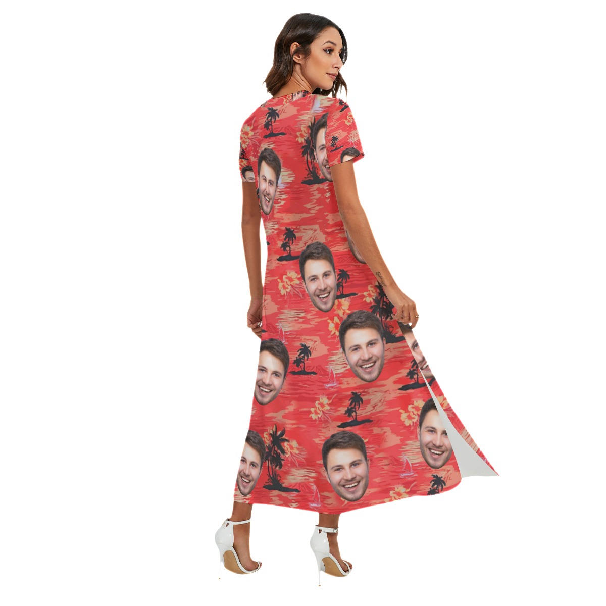 Red Sunset Hawaiian Beach Dress With Multi Face