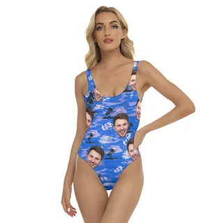 Blue Beach Hawaiian Print One Piece Swimsuit With Multiple Faces