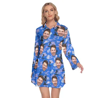 Blue Beach Hawaiian Beach Dress With Multi Face