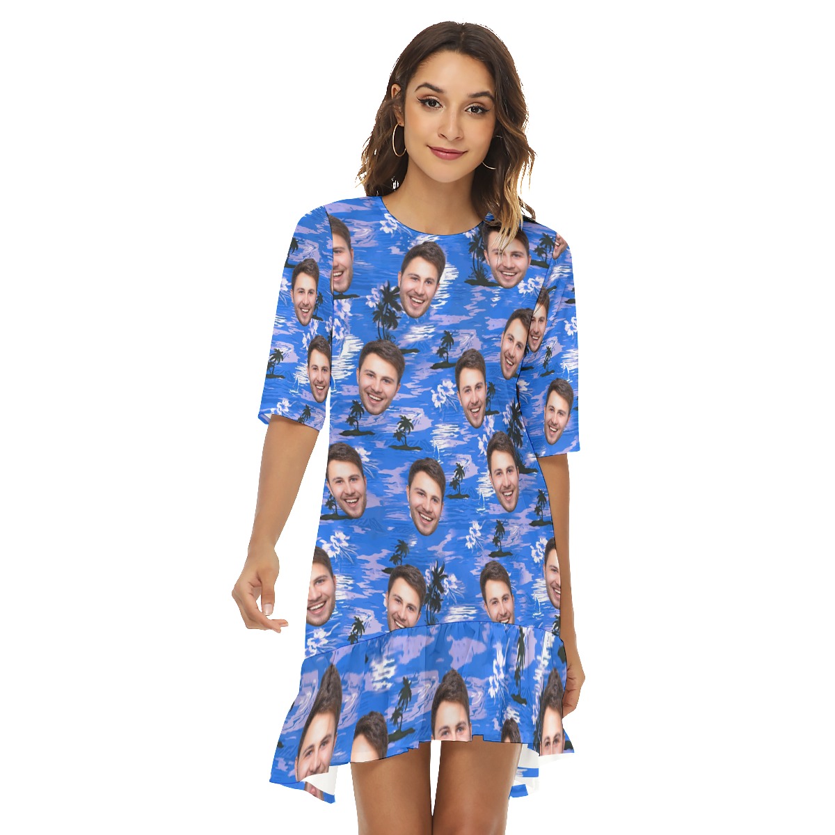 Blue Beach Custom Face Hawaiian Dress For Girls - variant image 1