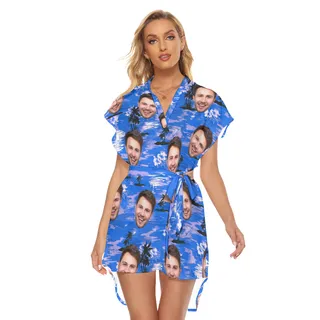 Blue Beach Hawaiian Dress With Custom Face