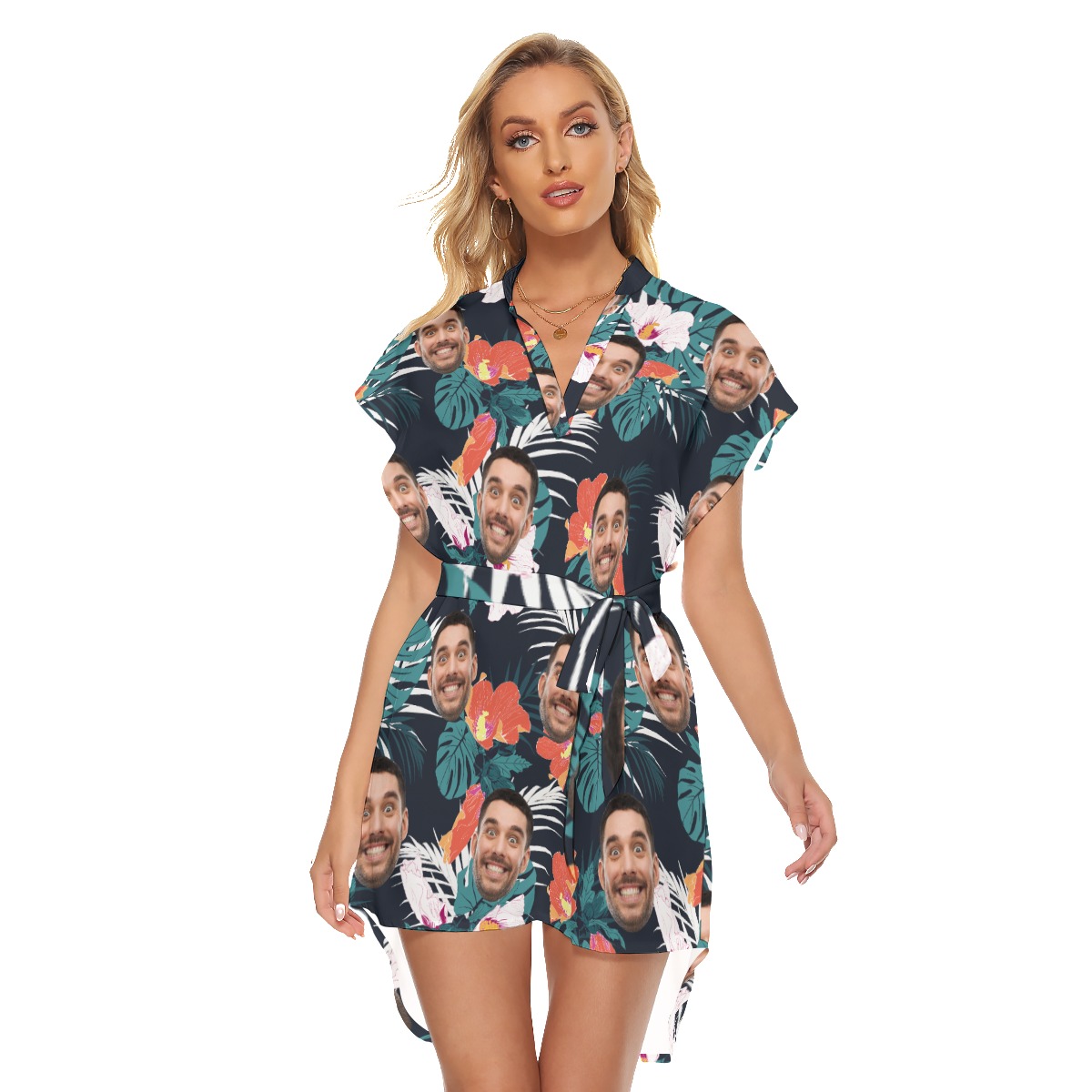 Women's Custom Face Hawaiian Dress With Waist Tie - variant image 1