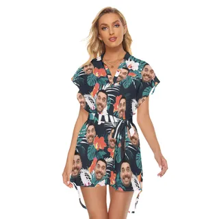 Women's Custom Face Hawaiian Dress With Waist Tie