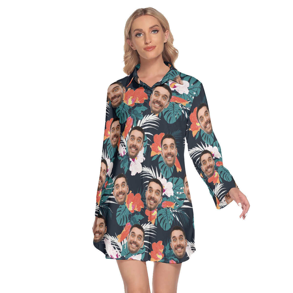 Custom Face Hawaiian Dress With Long Sleeve Collar - variant image 1