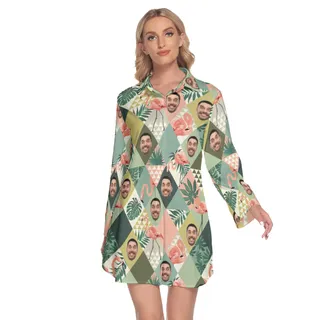 Funny Custom Face Flamingo Green Hawaiian Long Sleeve Shirt Dress