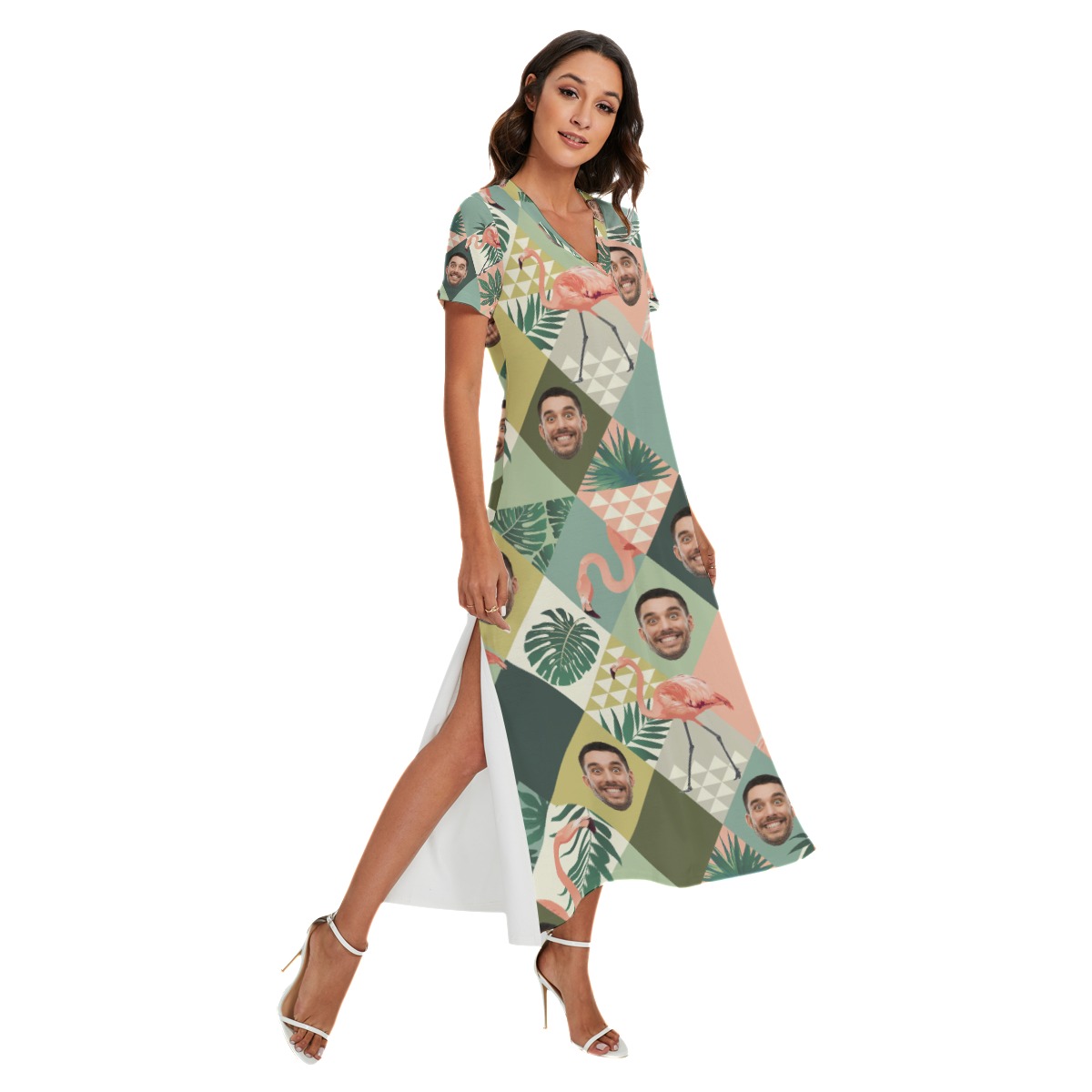 Custom Face Flamingo Green Hawaiian V-neck Dress With Side Slit - variant image 1