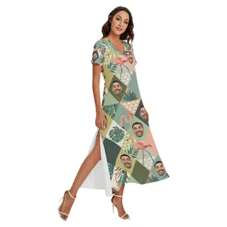 Custom Face Flamingo Green Hawaiian V-neck Dress With Side Slit