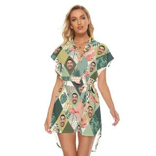 Funny Custom Face Flamingo Green Hawaiian Dress With Belt For Women