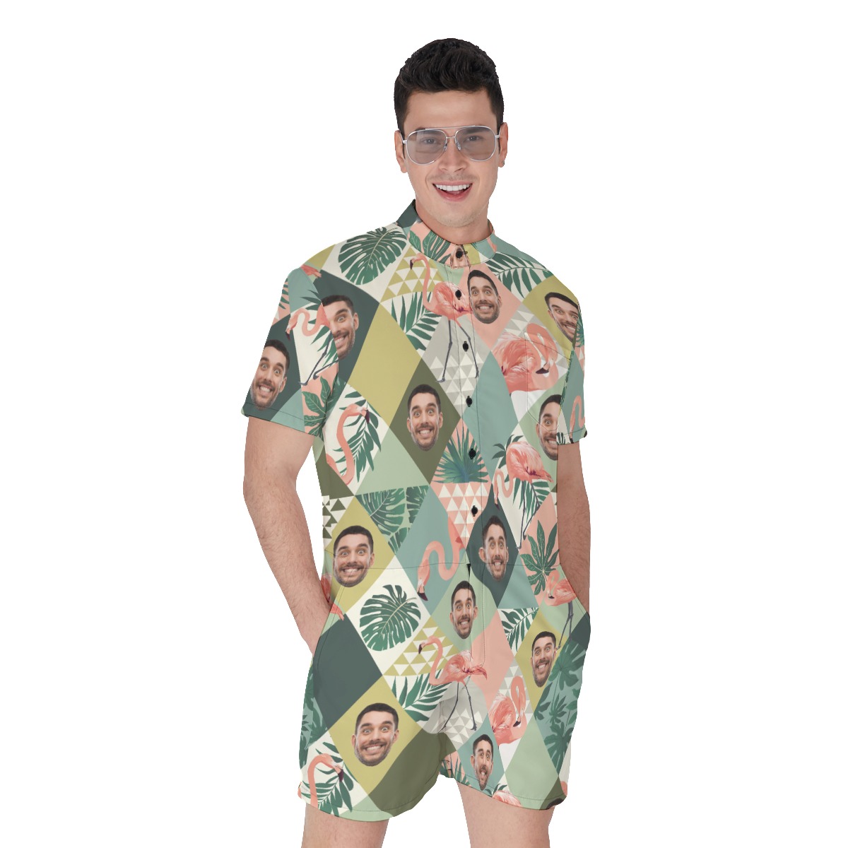 Flamingo Custom Face Green Hawaiian Romper For Men - variant image 1