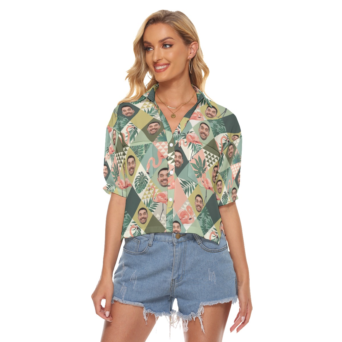 Custom Face Flamingo Green Aloha Cropped Shirt For Women - variant image 1