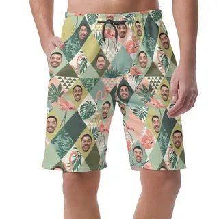 Funny Custom Face Flamingo Green Hawaiian Summer Shorts For Men