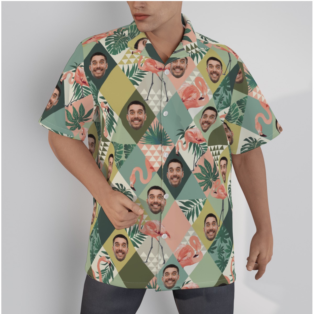 Funny Custom Face Flamingo Green Hawaiian Shirt - variant image 1