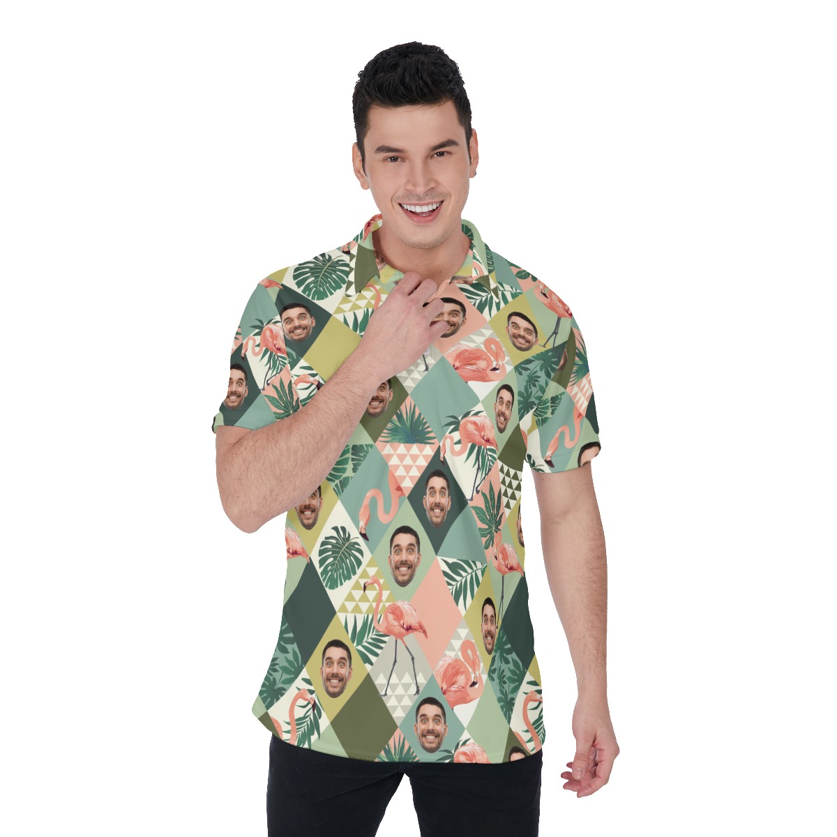 Custom Face Flamingo Green Hawaiian Golf Shirt For Men - variant image 1