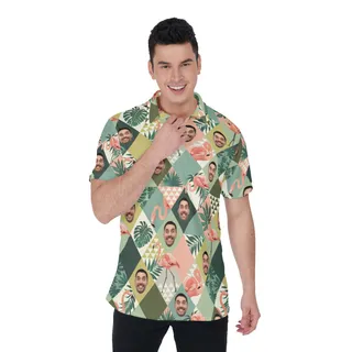 Custom Face Flamingo Green Hawaiian Golf Shirt For Men