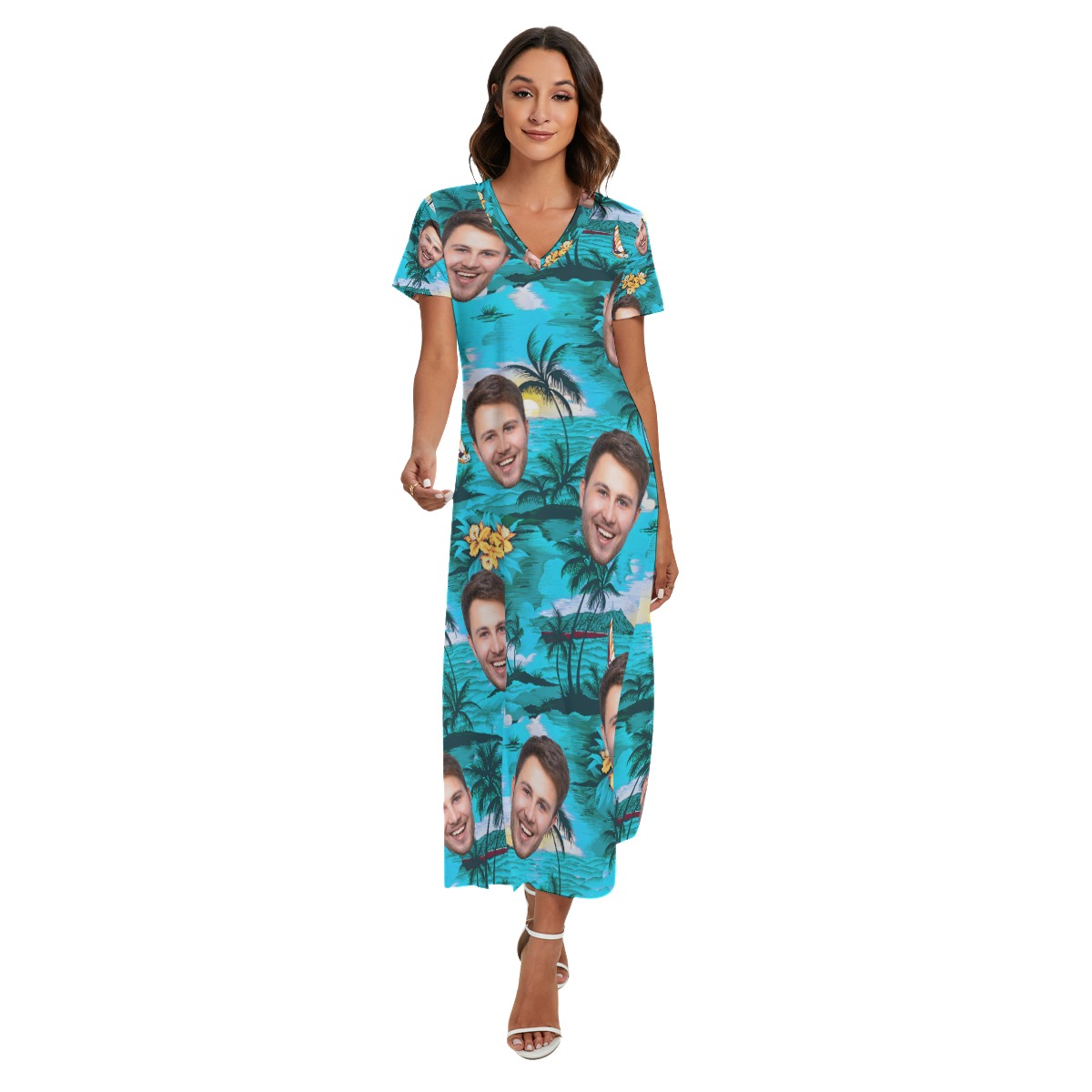 Custom Face Beach Scenery Hawaiian Dress With Side Slit - variant image 1